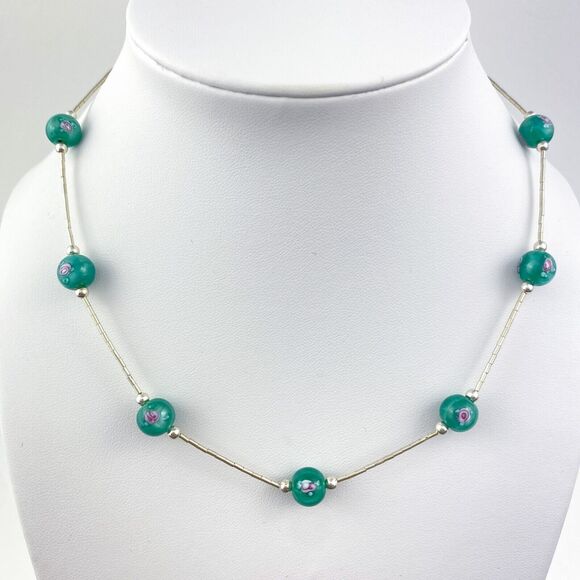 NWOT Sterling Silver 925 Green Floral Design Glass Bead Station Necklace 16" - Picture 1 of 6